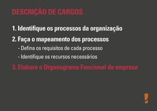 DESCRIÇÃO DE CARGOS
1. Identiﬁque os processos da organização
2. Faça o mapeamento dos processos
- Deﬁna os requisitos de cada processo
- Identiﬁque os recursos necessários

3. Elabore o Organograma Funcional da empresa

 