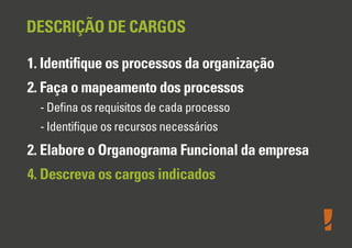 DESCRIÇÃO DE CARGOS
1. Identiﬁque os processos da organização
2. Faça o mapeamento dos processos
- Deﬁna os requisitos de cada processo
- Identiﬁque os recursos necessários

2. Elabore o Organograma Funcional da empresa
4. Descreva os cargos indicados

 