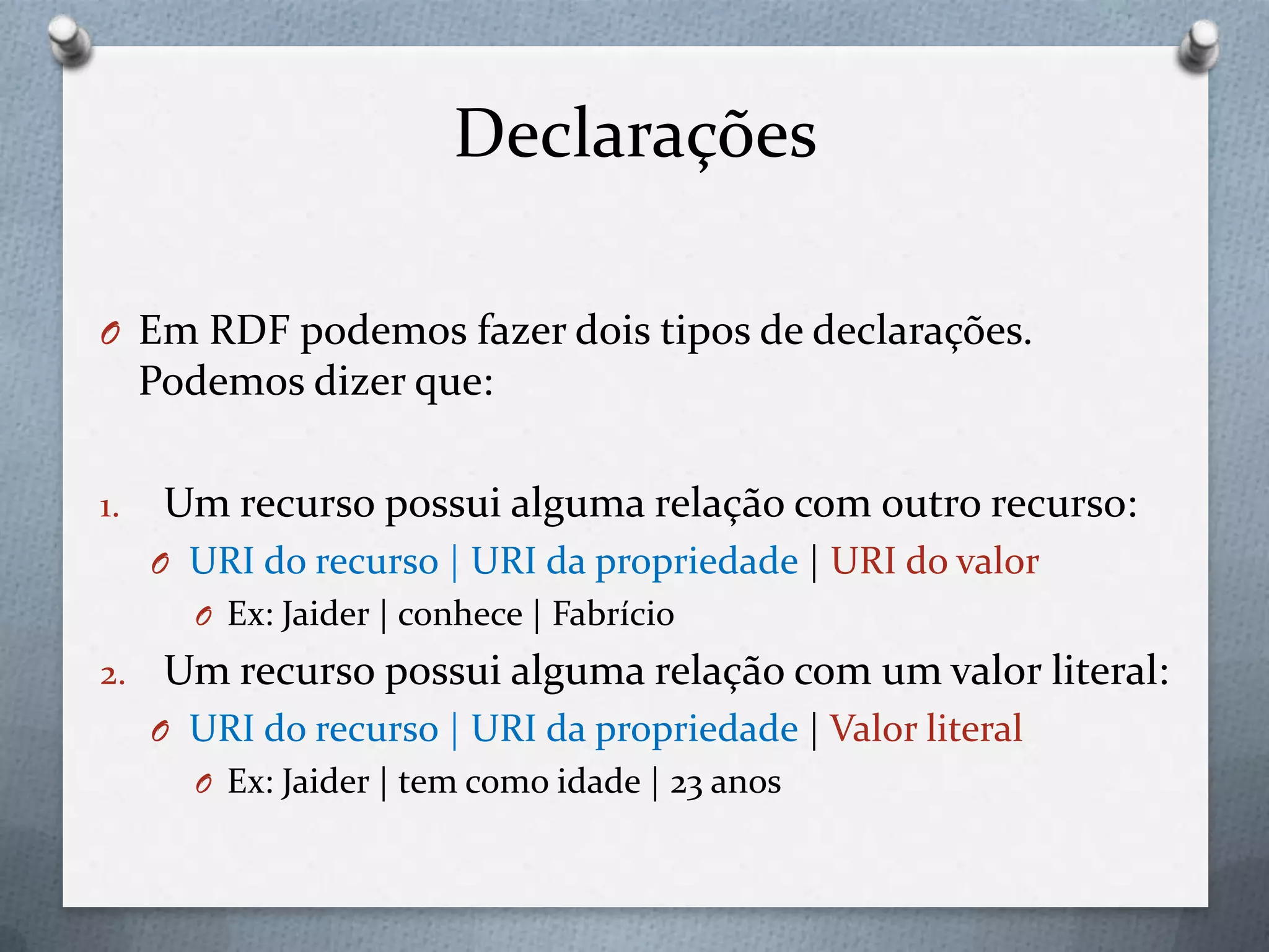 Declarações
O Em RDF podemos fazer dois tipos de declarações.
Podemos dizer que:
1. Um recurso possui alguma relação com outro recurso:
O URI do recurso | URI da propriedade | URI do valor
O Ex: Jaider | conhece | Fabrício
2. Um recurso possui alguma relação com um valor literal:
O URI do recurso | URI da propriedade | Valor literal
O Ex: Jaider | tem como idade | 23 anos
 