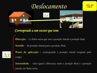 x

Corresponde a um vector que tem:
x

Direcção - é a linha recta que une a posição inicial à posição final.
Sentido - da posição inicial para a posição final.
Ponto de aplicação – corresponde à posição inicial ocupada pelo
corpo.
Intensidade - valor igual à diferença entre a posição final e a posição
inicial, em linha recta.
Deslocamento
 
