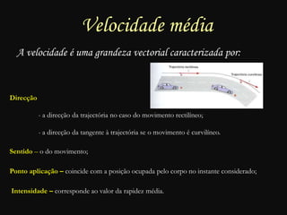 Velocidade média
A velocidade é uma grandeza vectorial caracterizada por:
Direcção
- a direcção da trajectória no caso do movimento rectilíneo;
- a direcção da tangente à trajectória se o movimento é curvilíneo.
Sentido – o do movimento;
Ponto aplicação – coincide com a posição ocupada pelo corpo no instante considerado;
Intensidade – corresponde ao valor da rapidez média.
 