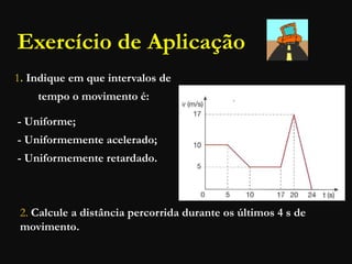 Exercício de Aplicação
1. Indique em que intervalos de
tempo o movimento é:
- Uniforme;
- Uniformemente acelerado;
- Uniformemente retardado.
2. Calcule a distância percorrida durante os últimos 4 s de
movimento.
 