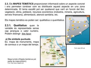 2.3. Els MAPES TEMÀTICS proporcionen informació sobre un aspecte concret
i ens permeten conèixer com es distribueix aquest aspecte en una zona
determinada. El tema escollit pot ser qualsevol que variï en funció del lloc:
vegetació, clima, població, recursos econòmics (indústria, mineria, agricultura,
serveis financers), alimentació, atenció sanitària, etc.
Els mapes temàtics es poden ser: qualitatius o quantitatius.
2.3.1. Qualitatius: quan la
variable és representada sense
cap jerarquia o valor numèric.
Podem distingir dos tipus:
a) De símbols puntuals
Ex. mapa de monuments, mapa
de conreus o un mapa del temps.
Font: www.324.cat
Mapa turístic d’Egipte (també es pot
parlar de mapa pictòric)
Font: http://www.viajejet.com
 