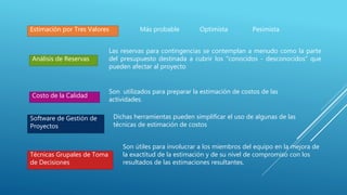 Estimación por Tres Valores Más probable Optimista Pesimista
Análisis de Reservas
Las reservas para contingencias se contemplan a menudo como la parte
del presupuesto destinada a cubrir los "conocidos - desconocidos“ que
pueden afectar al proyecto
Costo de la Calidad
Son utilizados para preparar la estimación de costos de las
actividades.
Software de Gestión de
Proyectos
Dichas herramientas pueden simplificar el uso de algunas de las
técnicas de estimación de costos
Técnicas Grupales de Toma
de Decisiones
Son útiles para involucrar a los miembros del equipo en la mejora de
la exactitud de la estimación y de su nivel de compromiso con los
resultados de las estimaciones resultantes.
 