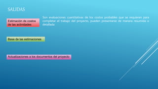 Estimación de costos
de las actividades
Base de las estimaciones
Actualizaciones a los documentos del proyecto
SALIDAS
Son evaluaciones cuantitativas de los costos probables que se requieren para
completar el trabajo del proyecto, pueden presentarse de manera resumida o
detallada
 