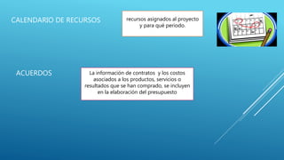 CALENDARIO DE RECURSOS recursos asignados al proyecto
y para qué periodo.
ACUERDOS La información de contratos y los costos
asociados a los productos, servicios o
resultados que se han comprado, se incluyen
en la elaboración del presupuesto
 