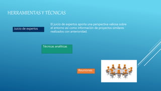 HERRAMIENTAS Y TÉCNICAS
Juicio de expertos
Técnicas analíticas
Reuniones
El juicio de expertos aporta una perspectiva valiosa sobre
el entorno así como información de proyectos similares
realizados con anterioridad.
 