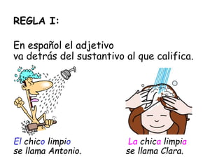 REGLA I:
En español el adjetivo
va detrás del sustantivo al que califica.
El chico limpio La chica limpia
se llama Antonio. se llama Clara.
 