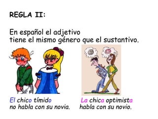 REGLA II:
En español el adjetivo
tiene el mismo género que el sustantivo.
El chico tímido La chica optimista
no habla con su novia. habla con su novio.
 