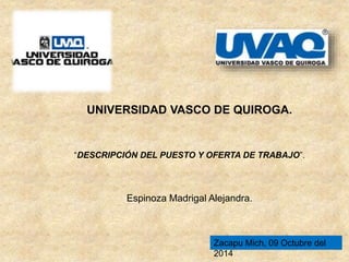 UNIVERSIDAD VASCO DE QUIROGA.
“DESCRIPCIÓN DEL PUESTO Y OFERTA DE TRABAJO”.
Espinoza Madrigal Alejandra.
Zacapu Mich, 09 Octubre del
2014
 