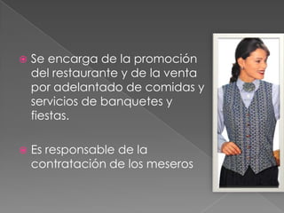 

Se encarga de la promoción
del restaurante y de la venta
por adelantado de comidas y
servicios de banquetes y
fiestas.



Es responsable de la
contratación de los meseros

 