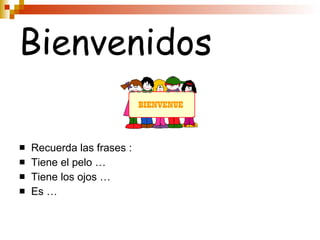 Bienvenidos Recuerda las frases : Tiene el pelo … Tiene los ojos … Es …