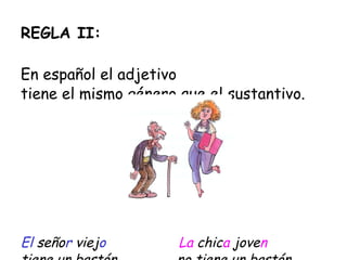 REGLA II: En español el adjetivo  tiene el mismo género que el sustantivo. El  se ño r  viej o   La   chic a   jove n tiene un bastón.  no tiene un bastón. 