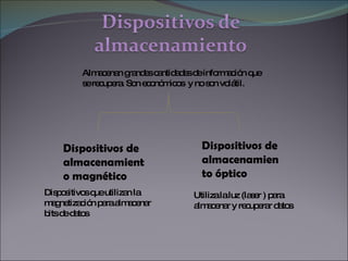 Almacenan grandes cantidades de información que se recupera. Son económicos  y no son volátil.  Dispositivos que utilizan la magnetización para almacenar bits de datos Dispositivos de almacenamiento magnético Dispositivos de almacenamiento óptico Utiliza la luz (laser ) para almacenar y recuperar datos 