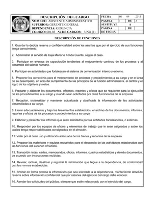 DESCRIPCIÓN DEL CARGO FECHA 06 09 2015
NOMBRE: ASISTENTE ADMINISTRATIVO PAGINA 1 DE 3
SUPERIOR: GERENTE GENERAL SUSTITUYE A
DEPENDENCIA: GERENCIA PAGINA DE
CODIGO: 001-03 No DE CARGOS: UNO (1) DE FECHA
DESCRIPCIÓN DE FUNCIONES
1. Guardar la debida reserva y confidencialidad sobre los asuntos que por el ejercicio de sus funciones
tenga conocimiento.
2. Administrar el servicio de Caja Menor o Fondo Cuenta, según el caso.
3. Participar en eventos de capacitación tendientes al mejoramiento continuo de los procesos y al
desarrollo del talento humano.
4. Participar en actividades que fortalezcan el sistema de comunicación interno y externo.
5. Proponer los correctivos para el mejoramiento de procesos y procedimientos a su cargo y en el área
de su desempeño, en aras del cumplimiento de los principios de la función administrativa, el control y el
logro de los objetivos y metas.
6. Preparar y elaborar los documentos, informes, reportes y oficios que se requieran para la ejecución
de los procedimientos a su cargo y cuando sean solicitados por otros funcionarios de la empresa.
7. Recopilar, sistematizar y mantener actualizada y clasificada la información de las actividades
desarrolladas a su cargo.
8. Llevar adecuadamente y bajo los lineamientos establecidos, el archivo de los documentos, informes,
reportes y oficios de los procesos y procedimientos a su cargo.
9. Elaborar y presentar los informes que sean solicitados por las entidades fiscalizadoras, o externas.
10. Responder por los equipos de oficina y elementos de trabajo que le sean asignados y sobre los
cuales tenga responsabilidades consignadas en el almacén.
11. Velar por el buen uso y utilización adecuada de los bienes y recursos de la empresa.
12. Preparar los materiales y equipos requeridos para el desarrollo de las actividades relacionadas con
las funciones del superior inmediato.
13. Transcribir notas, cartas, memorandos, oficios, informes, cuadros estadísticos y demás documentos,
de acuerdo con instrucciones recibidas.
14. Revisar, radicar, clasificar y registrar la información que llegue a la dependencia, de conformidad
con las normas establecidas.
15. Brindar en forma precisa la información que sea solicitada a la dependencia, manteniendo absoluta
reserva sobre información confidencial que por razones del ejercicio del cargo deba conocer.
16. Atender las solicitudes del público, siempre que estén relacionado con el ejercicio del cargo.
 