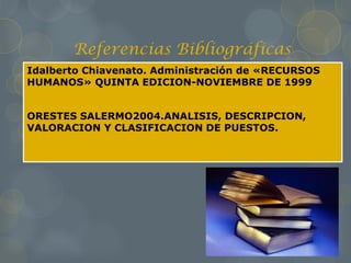 Referencias Bibliográficas
Idalberto Chiavenato. Administración de «RECURSOS
HUMANOS» QUINTA EDICION-NOVIEMBRE DE 1999
ORESTES SALERMO2004.ANALISIS, DESCRIPCION,
VALORACION Y CLASIFICACION DE PUESTOS.
 