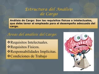 Estructura del Análisis
de Cargo
Análisis de Cargo: Son los requisitos físicos o intelectuales,
que debe tener el empleado para el desempeño adecuado del
cargo.
Áreas del análisis del Cargo:
Requisitos Intelectuales.
Requisitos Físicos.
Responsabilidades Implícitas.
Condiciones de Trabajo.
 