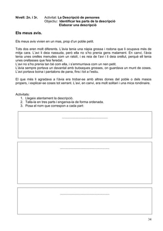 34
Nivell: 2n. i 3r. Activitat: La Descripció de persones
Objectiu: Identificar les parts de la descripció
Elaborar una descripció
Els meus avis.
Els meus avis vivien en un mas, prop d’un poble petit.
Tots dos eren molt diferents. L’àvia tenia una nàpia grossa i rodona que li ocupava més de
mitja cara. L’avi li deia nassuda, però ella no s’ho prenia gens malament. En canvi, l’àvia
tenia unes orelles menudes com un ratolí, i es reia de l’avi i li deia orellut, perquè ell tenia
unes orellasses que feia feredat.
L’avi no s’ho prenia tan bé com ella, i s’emmurriava com un nen petit.
L’àvia sempre portava un davantal amb butxaques grosses, on guardava un munt de coses.
L’avi portava boina i pantalons de pana, fins i tot a l’estiu.
El que més li agradava a l’àvia era trobar-se amb altres dones del poble o dels masos
propers, i explicar-se coses tot xerrant. L’avi, en canvi, era molt solitari i una mica rondinaire.
Activitats:
1. Llegeix atentament la descripció.
2. Talla-la en tres parts i enganxa-la de forma ordenada.
3. Posa el nom que correspon a cada part:
..................................................
......................................................
......................................................
 