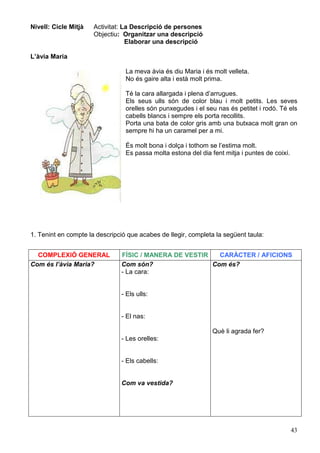 43
Nivell: Cicle Mitjà Activitat: La Descripció de persones
Objectiu: Organitzar una descripció
Elaborar una descripció
L’àvia Maria
La meva àvia és diu Maria i és molt velleta.
No és gaire alta i està molt prima.
Té la cara allargada i plena d’arrugues.
Els seus ulls són de color blau i molt petits. Les seves
orelles són punxegudes i el seu nas és petitet i rodó. Té els
cabells blancs i sempre els porta recollits.
Porta una bata de color gris amb una butxaca molt gran on
sempre hi ha un caramel per a mi.
És molt bona i dolça i tothom se l’estima molt.
Es passa molta estona del dia fent mitja i puntes de coixí.
1. Tenint en compte la descripció que acabes de llegir, completa la següent taula:
COMPLEXIÓ GENERAL FÍSIC / MANERA DE VESTIR CARÀCTER / AFICIONS
Com és l’àvia Maria? Com són?
- La cara:
- Els ulls:
- El nas:
- Les orelles:
- Els cabells:
Com va vestida?
Com és?
Què li agrada fer?
 