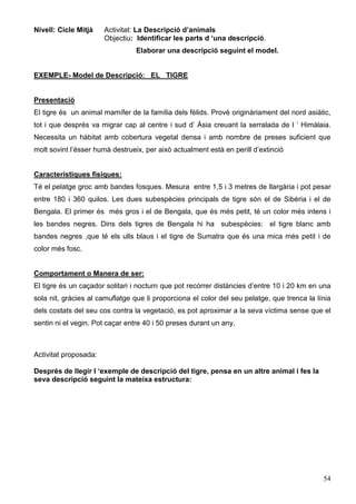 54
Nivell: Cicle Mitjà Activitat: La Descripció d’animals
Objectiu: Identificar les parts d ‘una descripció.
Elaborar una descripció seguint el model.
EXEMPLE- Model de Descripció: EL TIGRE
Presentació
El tigre és un animal mamífer de la família dels fèlids. Prové originàriament del nord asiàtic,
tot i que després va migrar cap al centre i sud d’ Àsia creuant la serralada de l ‘ Himàlaia.
Necessita un hàbitat amb cobertura vegetal densa i amb nombre de preses suficient que
molt sovint l’ésser humà destrueix, per això actualment està en perill d’extinció
Característiques físiques:
Té el pelatge groc amb bandes fosques. Mesura entre 1,5 i 3 metres de llargària i pot pesar
entre 180 i 360 quilos. Les dues subespècies principals de tigre són el de Sibèria i el de
Bengala. El primer és més gros i el de Bengala, que és més petit, té un color més intens i
les bandes negres. Dins dels tigres de Bengala hi ha subespècies: el tigre blanc amb
bandes negres ,que té els ulls blaus i el tigre de Sumatra que és una mica més petit i de
color més fosc.
Comportament o Manera de ser:
El tigre és un caçador solitari i nocturn que pot recórrer distàncies d’entre 10 i 20 km en una
sola nit, gràcies al camuflatge que li proporciona el color del seu pelatge, que trenca la línia
dels costats del seu cos contra la vegetació, es pot aproximar a la seva víctima sense que el
sentin ni el vegin. Pot caçar entre 40 i 50 preses durant un any,
Activitat proposada:
Després de llegir l ‘exemple de descripció del tigre, pensa en un altre animal i fes la
seva descripció seguint la mateixa estructura:
 