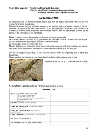 68
Nivell: Cicle superior Activitat: La Descripció d’animals
Objectiu: Identificar l’estructura d’una descripció
Elaborar una descripció a partir d’un model
LA SARGANTANA
La sargantana és un animal simpàtic. No fa cap mal; es dedica solament a la caça de tota
mena d’animalets perjudicials.
Pel bon temps és fàcil de trobar-la prenent el sol per les pedres d’alguns marges o parets i
per llocs pedregosos. És molt desconfiada. Quan veu que algú s’atansa o quan s’adona que
la miren, s’esmuny amb lleugeresa per entre les pedres, dins les esquerdes o forats de les
parets, o bé s’amaga per les bardisses.
El seu cos llarg i estret és apropiat per ficar-se als seus amagatalls.
Té uns ulls menuts de molta finor, que de tant en tant obre i tanca. La seva boca és ampla, i
així pot alimentar-se de cuques, mosques i altres insectes.
La seva oïda percep la remor més lleu.
Els dits de les seves potes són llargs, i amb ells pot arrapar-se amb seguretat per les parets.
Les potes de la sargantana són curtes comparades amb la llargada del seu cos.
Per no ser atrapada quan fuig, el seu cos i la seva cua fan un serpenteig que li dóna més
lleugeresa.
Si per un atzar se li trenca la cua, després el tros té un bellugueig de vida pròpia.
S.MALUQUER NICOLAU I A.PARRAMON TUBAU
1.- Omple la següent graella de l’animal que descriu el text:
Ara tria un animal i omple la graella abans de fer la descripció.
 