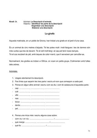 71
Nivell: 3r. Activitat: La Descripció d’animals
Objectiu: Identificar les parts de la descripció
Organitzar una descripció
Elaborar una descripció
La girafa
Aquesta matinada, en un poble de Girona, han trobat una girafa en el jardí d’una casa.
És un animal de cinc metres d’alçada. Té les potes molt i molt llargues i les de darrera són
més curtes que les de davant. Té el coll molt llarg i al cap pot tenir dues banyes.
Té el cos recobert de pèl, amb taques de color marró, que li serveixen per camuflar-se.
Normalment, les girafes es troben a l’Àfrica, on viuen en petits grups. S’alimenten amb fulles
dels arbres.
Activitats:
1. Llegeix atentament la descripció.
2. Fes línies que separin les tres parts i escriu el nom que correspon a cada part.
3. Pensa en algun altre animal i escriu com es diu i com té cadascuna d’aquestes parts:
- cap: ..................., ......................., ............................
- coll: ..................., ......................., ............................
- ulls: ..................., ......................., ............................
- nas: ..................., ......................., ............................
- boca: ..................., ......................., ..........................
- dents:.................., ........................, ..........................
- pel....................... ,........................, ...........................
4. Pensa una mica més i escriu alguna cosa sobre:
- com viu i on viu: ..................., ....................... i ..........................
- què menja: ..................., ....................... i ..........................
- què fa: ..................., ....................... i ..........................
 