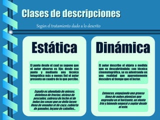 Clases de descripciones
Según el tratamiento dado a lo descrito
Estática
El punto desde el cual se supone que
el autor observa es fijo; desde ese
punto y mediante una técnica
fotográfica más o menos fiel el autor
presenta un cuadro de lo que percibe.
España es abondada de mieses,
deleitosade fructas, viciosa de
pescados,sabrosa de leche et de
todas las cosas que se della facen;
llena de venados et de caça, cubierta
de ganados, loçana de caballos…
Dinámica
El autor describe el objeto a medida
que va descubriéndolo; con técnica
cinematográfica, se va adentrando en
una realidad que aparentemente
descubre al tiempo que el lector.
Entonces,empujandouna gruesa
línea de nubes plomizas que
negreabaen el horizonte,un viento
frío y húmedo empezó a soplar desde
el este.
 
