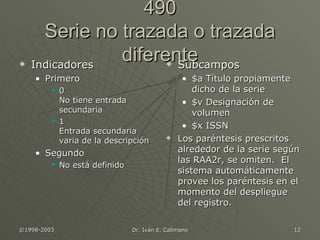 490 Serie no trazada o trazada diferente Indicadores Primero 0  No tiene entrada secundaria 1  Entrada secundaria varia de la descripción Segundo No está definido Subcampos $a Título propiamente dicho de la serie $v Designación de volumen $x ISSN Los paréntesis prescritos alrededor de la serie según las RAA2r, se omiten.  El sistema automáticamente provee los paréntesis en el momento del despliegue del registro. 