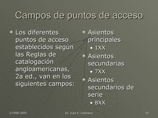 Campos de puntos de acceso Los diferentes puntos de acceso establecidos según las Reglas de catalogación angloamericanas, 2a ed., van en los siguientes campos: Asientos principales 1XX A s i e n t o s  secundarias 7XX Asientos secundarios de serie 8XX 