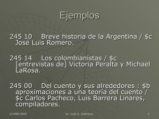 Ejemplos 245 10  Breve historia de la Argentina / $c José Luis Romero. 245 14  Los colombianistas / $c [entrevistas de] Victoria Peralta y Michael LaRosa. 245 00  Del cuento y sus alrededores : $b aproximaciones a una teoría del cuento / $c Carlos Pacheco, Luis Barrera Linares, compiladores. 