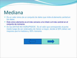 Mediana  Es un valor único de un conjunto de datos que mide al elemento central en los datos. Este único elemento es el más cercano a la mitad o el más central en el conjunto de números. En los DATOS NO AGRUPADOS . Es el valor que corresponde al punto medio luego de ser ordenados de menor a mayor, donde el 50% deben ser mayores que la mediana y 50% menores. 
