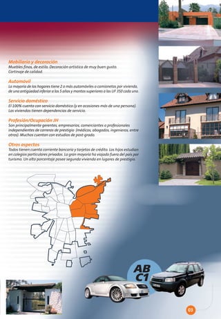 Mobiliario y decoración
Muebles finos, de estilo. Decoración artística de muy buen gusto.
Cortinaje de calidad.

Automóvil
La mayoría de los hogares tiene 2 o más automóviles o camionetas por vivienda,
de una antigüedad inferior a los 5 años y montos superiores a las UF 350 cada uno.

Servicio doméstico
El 100% cuenta con servicio doméstico (y en ocasiones más de una persona).
Las viviendas tienen dependencias de servicio.

Profesión/Ocupación JH
Son principalmente gerentes, empresarios, comerciantes o profesionales
independientes de carreras de prestigio (médicos, abogados, ingenieros, entre
otros). Muchos cuentan con estudios de post-grado.

Otros aspectos
Todos tienen cuenta corriente bancaria y tarjetas de crédito. Los hijos estudian
en colegios particulares privados. La gran mayoría ha viajado fuera del país por
turismo. Un alto porcentaje posee segunda vivienda en lugares de prestigio.




                                                                              AB
                                                                              C1

                                                                                     03
 