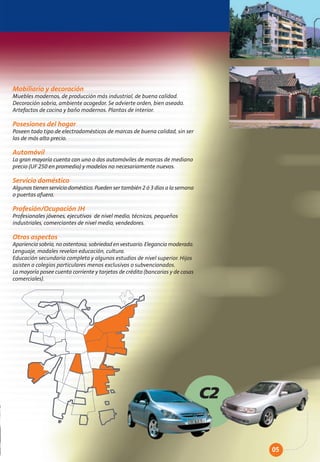 Mobiliario y decoración
Muebles modernos, de producción más industrial, de buena calidad.
Decoración sobria, ambiente acogedor. Se advierte orden, bien aseado.
Artefactos de cocina y baño modernos. Plantas de interior.

Posesiones del hogar
Poseen todo tipo de electrodomésticos de marcas de buena calidad, sin ser
las de más alto precio.

Automóvil
La gran mayoría cuenta con uno o dos automóviles de marcas de mediano
precio (UF 250 en promedio) y modelos no necesariamente nuevos.

Servicio doméstico
Algunos tienen servicio doméstico. Pueden ser también 2 ó 3 días a la semana
o puertas afuera.

Profesión/Ocupación JH
Profesionales jóvenes, ejecutivos de nivel medio, técnicos, pequeños
industriales, comerciantes de nivel medio, vendedores.

Otros aspectos
Apariencia sobria, no ostentosa, sobriedad en vestuario. Elegancia moderada.
Lenguaje, modales revelan educación, cultura.
Educación secundaria completa y algunos estudios de nivel superior. Hijos
asisten a colegios particulares menos exclusivos o subvencionados.
La mayoría posee cuenta corriente y tarjetas de crédito (bancarias y de casas
comerciales).




                                                                                C2


                                                                                     05
 