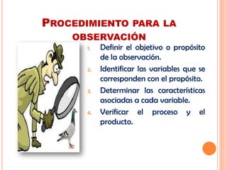 PROCEDIMIENTO PARA LA
OBSERVACIÓN
1. Definir el objetivo o propósito
de la observación.
2. Identificar las variables que se
corresponden con el propósito.
3. Determinar las características
asociadas a cada variable.
4. Verificar el proceso y el
producto.
 