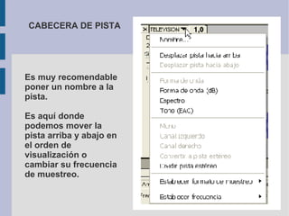 CABECERA DE PISTA




Es muy recomendable
poner un nombre a la
pista.

Es aquí donde
podemos mover la
pista arriba y abajo...