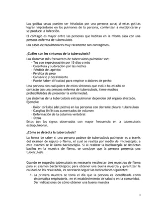 Las gotitas secas pueden ser inhaladas por una persona sana; si estas gotitas
logran implantarse en los pulmones de la persona, comienzan a multiplicarse y
se produce la infección.
El contagio es mayor entre las personas que habitan en la misma casa con una
persona enferma de tuberculosis
Los casos extrapulmonares muy raramente son contagiosos.
¿Cuáles son los síntomas de la tuberculosis?
Los síntomas más frecuentes de tuberculosis pulmonar son:
· Tos con expectoración por 15 días o más
· Calentura y sudoración por las noches
· Pérdida del apetito
· Pérdida de peso
· Cansancio y decaimiento
· Puede haber dificultad para respirar o dolores de pecho
Una persona con cualquiera de estos síntomas que está o ha estado en
contacto con una persona enferma de tuberculosis, tiene muchas
probabilidades de presentar la enfermedad.
Los síntomas de la tuberculosis extrapulmonar dependen del órgano afectado.
Ejemplo:
· Dolor toráxico (del pecho) en las personas con derrame pleural tuberculoso
· Ganglios linfáticos aumentados de volumen
· Deformación de la columna vertebral
· Otros
Estos son los signos observados con mayor frecuencia en la tuberculosis
extrapulmonar.
¿Cómo se detecta la tuberculosis?
La forma de saber si una persona padece de tuberculosis pulmonar es a través
del examen de esputo o flema, el cual se realiza por medio de microscopio; a
este examen se le llama baciloscopía. Si al realizar la baciloscopía se detectan
bacilos en la muestra de flema, se concluye que la persona presenta una
tuberculosis.
Cuando se sospecha tuberculosis es necesario recolectar tres muestras de flema
para el examen bacteriológico; para obtener una buena muestra y garantizar la
calidad de los resultados, es necesario seguir las indicaciones siguientes:
1. La primera muestra se toma el día que la persona es identificada como
sintomática respiratoria, en el establecimiento de salud o en la comunidad.
Dar indicaciones de cómo obtener una buena muestra
3
 