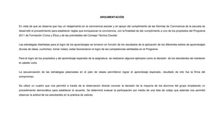 ARGUMENTACIÓN
En vista de que se observa que hay un relajamiento en la convivencia escolar y en apoyo del cumplimiento de las Normas de Convivencia de la escuela se
desarrolló el procedimiento para establecer reglas que enriquezcan la convivencia, con la finalidad de dar cumplimiento a uno de los propósitos del Programa
2011 de Formación Cívica y Ética y de las prioridades del Consejo Técnico Escolar.
Las estrategias diseñadas para el logro de los aprendizajes se tomaron en función de los resultados de la aplicación de los diferentes estilos de aprendizajes
(lluvias de ideas, cuchicheo, tomar notas); estas favorecieron el logro de las competencias señaladas en el Programa.
Para el logro de los propósitos y del aprendizaje esperado de la asignatura se realizaron algunos ejemplos como la decisión de los estudiantes de mantener
el cabello corto.
La secuenciación de las estrategias plasmadas en el plan de clases permitieron lograr el aprendizaje esperado, resultado de ello fue la firma del
compromiso.
Se utilizó un cuadro que nos permitió a través de la observación directa conocer la decisión de la mayoría de los alumnos del grupo empleando un
procedimiento democrático para establecer el acuerdo. Se determinó evaluar la participación por medio de una lista de cotejo que además nos permitió
observar la actitud de los estudiantes en la práctica de valores.
 
