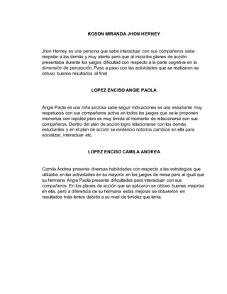 KOSON MIRANDA JHON HERNEY 
Jhon Herney es una persona que sabe interactuar con sus compañeros sabe 
respetar a los demás y muy atento pero que al inicia los planes de acción 
presentaba durante los juegos dificultad con respecto a la parte cognitiva en la 
dimensión de percepción. Paso a paso con las actividades que se realizaron se 
obtuvo buenos resultados al final 
LOPEZ ENCISO ANGIE PAOLA 
Angie Paola es una niña juiciosa sabe seguir indicaciones es una estudiante muy 
respetuosa con sus compañeros activa en todos los juegos que se le proponen 
memoriza con rapidez pero es muy tímida al momento de relacionarse con sus 
compañeros. Dentro del plan de acción logro relacionarse con los demás 
estudiantes y en el plan de acción se evidencio notorios cambios en ella para 
socializar, interactuar etc. 
LOPEZ ENCISO CAMILA ANDREA 
Camila Andrea presenta diversas habilidades con respecto a las estrategias que 
utilizaba en las actividades en su mayoría en los juegos de mesa pero al igual que 
su hermana Angie Paola presenta dificultades para interactuar con sus 
compañeros. En los planes de acción que se aplicaron se obtuvo buenas mejorías 
en ella, pero a diferencia de su hermana estas mejoras se obtuvieron en 
resultados más lentos debido a su nivel de timidez que tenía. 
 
