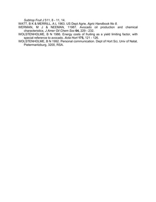 Subtrop Fruit J 511, 8 - 11, 14.
WATT, B K & MERRILL, A L 1963. US Dept Agrie, Agric Handbook No 8.
WERMAN, M J & NEEMAN, 11987. Avocado oil production and chemical
characteristics. J Amer Oil Chem Soc 64, 229 - 232.
WOLSTENHOLME, B N 1986. Energy costs of fruiting as a yield limiting factor, with
special reference to avocado. Acta Hort 175, 121 - 126.
WOLSTENHOLME, B N 1992. Personal communication. Dept of Hort Sci, Univ of Natal,
Pietermaritzburg, 3200, RSA.
 