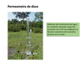 Permeametro de disco
Medición del movimiento del agua
En condición saturada y bajo tres
tensiones con el fin de establecer la
Relación existente entre tamaños
de poros en el suelo.
 
