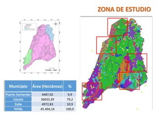 4
3
2
1
5
ZONA DE ESTUDIO
Municipio Área (Hectáreas) %
Puerto Santander 4487,92 9,9
Cúcuta 36033,39 79,2
Zulia 4972,83 10,9
TOTAL 45.494,14 100,0
 