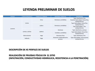 PAISAJE TIPO DE RELIEVE FORMA DE TERRENO MATERIAL PARENTAL TAXONOMIA
Lomerío
Lomas
Cima Areniscas y arcillolitas
Typic Udorthents, fina
Fluventic Dystrudepts, franca fina,
isohipertérmica
Ladera Areniscas y arcillolitas
Typic Dystrudepts, franca fina,
isohipertérmica
Typic Dystrudepts, fina,
isohipertérmica
Lomas y colinas Laderas
Areniscas Typic Udorthents, arenosa
Limolitas y arcillolitas
Typic Dystrudepts, franca fina
isohipertérmica
Valle estrecho Vega Aluviones finos Typic Udorthents, fina
Vallecito Vega
Aluviones moderadamente
gruesos
Typic Dystrudepts, franca gruesa
isohipertérmica
LEYENDA PRELIMINAR DE SUELOS
DESCRIPCIÓN DE 45 PERFILES DE SUELOS
REALIZACIÓN DE PRUEBAS FÍSICAS EN EL SITIO
(INFILTRACIÓN, CONDUCTIVIDAD HIDRÁULICA, RESISTENCIA A LA PENETRACIÓN)
 