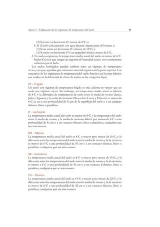 Anexo 1 – Explicación de los regimenes de temperatura del suelo 91
(2) Si existe un horizonte O: menor de 8°C; o
b. Si el suelo está saturado con agua durante alguna parte del verano y:
(1) Si no existe un horizonte O: inferior de 13°C; o
(2) Si existe un horizonte O ó un epipedón hístico: menor de 6°C.
2. En suelos orgánicos, la temperatura media anual del suelo es menor de 6°C.
Suelos Cryicos que tengan un régimen de humedad acuico son comúnmente
cubiertos por el hielo.
Los suelos Isofrígidos pueden también tener un régimen de temperatura
cryico, excepto, aquellos que contienen material orgánico en la parte superior. Los
conceptos de los regiímenes de temperatura del suelo descritos en la parte inferior
son usados en la definición de clases de suelos en las categorías bajas.
FR – Frígido
Un suelo con régimen de temperatura frígido es más caliente en verano que un
suelo con régimen cryico. Sin embargo, su temperatura media anual es inferior
de 8°C y la diferencia de temperaturas de suelo entre la media de verano (Junio,
Julio y Agosto) y la media de invierno (Diciembre, Enero y Febrero) es mayor de
6°C ya sea a una profundidad de 50 cm de la superficie del suelo o a un contacto
dénsico, lítico o paralítico.
IF – Isofrígido
La temperatura media anual del suelo es menor de 8°C y la temperatura del suelo
entre la media de verano y la media de invierno difiere por menos de 6°C a una
profundidad de 50 cm o a un contacto dénsico, lítico o paralítico, cualquiera que
sea más somera.
ME – Mésico
La temperatura media anual del suelo es 8°C o mayor pero menor de 15°C, y la
diferencia entre las temperaturas del suelo entre la media de verano y la de invierno
es mayor de 6°C a una profundidad de 50 cm o a un contacto dénsico, lítico o
paralítico, cualquiera que sea más somera.
IM – Isomésico
La temperatura media anual del suelo es 8°C o mayor pero menor de 15°C, y la
diferencia entre las temperaturas del suelo entre la media de verano y la de invierno
es menor a 6°C a una profundidad de 50 cm o a un contacto d´densico, lítico o
paralítico, cualquiera que se más somera.
TH – Térmico
La temperatura media anual del suelo es 15°C o mayor pero menor de 22°C, y la
diferencia entre las temperaturas del suelo entre la media de verano y la de invierno
es mayor de 6°C a una profundidad de 50 cm o a un contacto dénsico, lítico o
paralítico, cualquiera que sea más somera.
 