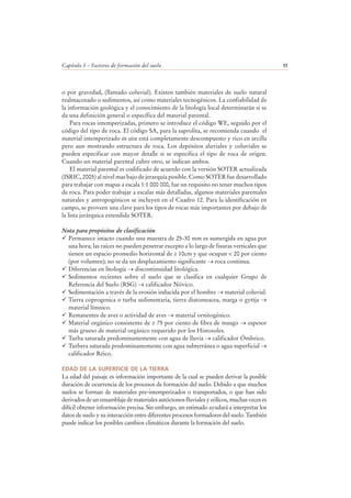 Capítulo 3 – Factores de formación del suelo 17
o por gravedad, (llamado coluvial). Existen también materiales de suelo natural
realmacenado o sedimentos, así como materiales tecnogénicos. La confiabilidad de
la información geológica y el conocimiento de la litología local determinarán si se
da una definición general o específica del material parental.
Para rocas intemperizadas, primero se introduce el código WE, seguido por el
código del tipo de roca. El código SA, para la saprolita, se recomienda cuando el
material intemperizado in situ está completamente descompuesto y rico en arcilla
pero aun mostrando estructura de roca. Los depósitos aluviales y coluviales se
pueden especificar con mayor detalle si se especifica el tipo de roca de origen.
Cuando un material parental cubre otro, se indican ambos.
El material parental es codificado de acuerdo con la versión SOTER actualizada
(ISRIC, 2005) al nivel mas bajo de jerarquía posible. Como SOTER fue desarrollado
para trabajar con mapas a escala 1:1 000 000, fue un requisito no tener muchos tipos
de roca. Para poder trabajar a escalas más detalladas, algunos materiales parentales
naturales y antropogénicos se incluyen en el Cuadro 12. Para la identificación en
campo, se proveen una clave para los tipos de rocas más importantes por debajo de
la lista jerárquica extendida SOTER.
Nota para propósitos de clasificación
Permanece intacto cuando una muestra de 25-30 mm es sumergida en agua por
una hora; las raíces no pueden penetrar excepto a lo largo de fisuras verticales que
tienen un espacio promedio horizontal de ≥ 10cm y que ocupan < 20 por ciento
(por volumen); no se da un desplazamiento significante → roca continua.
Diferencias en litología → discontinuidad litológica.
Sedimentos recientes sobre el suelo que se clasifica en cualquier Grupo de
Referencia del Suelo (RSG) → calificador Nóvico.
Sedimentación a través de la erosión inducida por el hombre → material coluvial.
Tierra coprogenica o turba sedimentaria, tierra diatomeacea, marga o gyttja →
material límnico.
Remanentes de aves o actividad de aves → material ornitogénico.
Material orgánico consistente de ≥ 75 por ciento de fibra de musgo → espesor
más grueso de material orgánico requerido por los Histosoles.
Turba saturada predominantemente con agua de lluvia → calificador Ómbrico.
Turbera saturada predominantemente con agua subterránea o agua superficial →
calificador Réico.
EDAD DE LA SUPERFICIE DE LA TIERRA
La edad del paisaje es información importante de la cual se pueden derivar la posible
duración de ocurrencia de los procesos de formación del suelo. Debido a que muchos
suelos se forman de materiales pre-intemperizados o transportados, o que han sido
derivados de un ensamblaje de materiales autóctonos fluviales y eólicos, muchas veces es
difícil obtener información precisa. Sin embargo, un estimado ayudará a interpretar los
datos de suelo y su interacción entre diferentes procesos formadores del suelo. También
puede indicar los posibles cambios climáticos durante la formación del suelo.
 