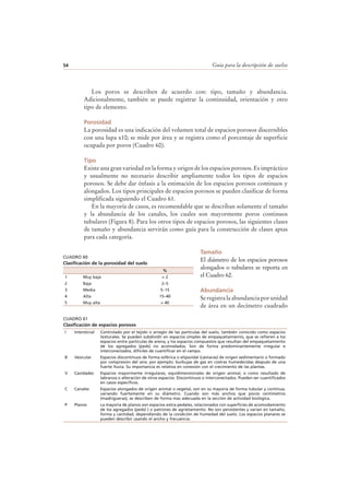 Guía para la descripción de suelos54
Los poros se describen de acuerdo con: tipo, tamaño y abundancia.
Adicionalmente, también se puede registrar la continuidad, orientación y otro
tipo de elemento.
Porosidad
La porosidad es una indicación del volumen total de espacios porosos discernibles
con una lupa x10; se mide por área y se registra como el porcentaje de superficie
ocupada por poros (Cuadro 60).
Tipo
Existe una gran variedad en la forma y origen de los espacios porosos. Es impráctico
y usualmente no necesario describir ampliamente todos los tipos de espacios
porosos. Se debe dar énfasis a la estimación de los espacios porosos continuos y
alongados. Los tipos principales de espacios porosos se pueden clasificar de forma
simplificada siguiendo el Cuadro 61.
En la mayoría de casos, es recomendable que se describan solamente el tamaño
y la abundancia de los canales, los cuales son mayormente poros continuos
tubulares (Figura 8). Para los otros tipos de espacios porosos, las siguientes clases
de tamaño y abundancia servirán como guía para la construcción de clases aptas
para cada categoría.
Tamaño
El diámetro de los espacios porosos
alongados o tubulares se reporta en
el Cuadro 62.
Abundancia
Se registra la abundancia por unidad
de área en un decímetro cuadrado
CUADRO 60
Clasificación de la porosidad del suelo
%
1 Muy baja < 2
2 Baja 2–5
3 Media 5–15
4 Alta 15–40
5 Muy alta > 40
CUADRO 61
Clasificación de espacios porosos
I Intersticial Controlado por el tejido o arreglo de las partículas del suelo, también conocido como espacios
texturales. Se pueden subdividir en espacios simples de empaquetamiento, que se refieren a los
espacios entre partículas de arena, y los espacios compuestos que resultan del empaquetamiento
de los agregados (peds) no acomodados. Son de forma predominantemente irregular e
interconectados, difíciles de cuantificar en el campo.
B Vesicular Espacios discontinuos de forma esférica o elipsoidal (cámaras) de origen sedimentario o formado
por compresión del aire; por ejemplo: burbujas de gas en costras humedecidas después de una
fuerte lluvia. Su importancia es relativa en conexión con el crecimiento de las plantas.
V Cavidades Espacios mayormente irregulares, equidimensionales de origen animal, o como resultado de
labranza o alteración de otros espacios. Discontinuos o interconectados. Pueden ser cuantificados
en casos específicos.
C Canales Espacios alongados de origen animal o vegetal, son en su mayoría de forma tubular y continua,
variando fuertemente en su diámetro. Cuando son más anchos que pocos centímetros
(madrigueras), se describen de forma mas adecuada en la sección de actividad biológica.
P Planos La mayoría de planos son espacios extra-pedales, relacionados con superficies de acomodamiento
de los agregados (peds) ) o patrones de agrietamiento. No son persistentes y varían en tamaño,
forma y cantidad, dependiendo de la condición de humedad del suelo. Los espacios planares se
pueden describir usando el ancho y frecuencia.
 
