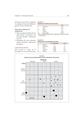 Capítulo 4 – Descripción de suelos 55
de los poros muy finos y alargados
en un grupo y los poros medianos a
gruesos en otro (Cuadro 63).
Notas para propósitos de
clasificación
Capa vesicular por debajo de una
capa laminar o pavimento con
una capa vesicular → Horizonte
yérmico.
Agregados del suelo ordenados
y poros vesiculares → Horizonte
antraquico.
CONCENTRACIONES
Esta sección se ocupa de la
descripción de las concentraciones
CUADRO 62
Clasificación del diámetro de los poros
Nota: códigos adicionales: FM, fino a medio; FF, fino a muy fino; y MC,
medio a grueso
mm
V Muy finos < 0,5
F Finos 0,5–2
M Medio 2–5
C Gruesos 5–20
VC Muy gruesos 20–50
CUADRO 63
Clasificación de la abundancia de poros
< 2 mm (número) > 2 mm
N Ninguno 0 0
V Muy pocos 1–20 1–2
F Pocos 20–50 2–5
C Comunes 50–200 5–20
M Muchos > 200 > 20
Abundancia
Tamaño
Muy pocos Pocos Común
Muy fino
(<0.5 mm)
Fino
(0.5–2 mm)
Medio
(2–5 mm)
1 cm
FIGURA 8
Cuadros para la estimación del tamaño y abundancia de los poros
 