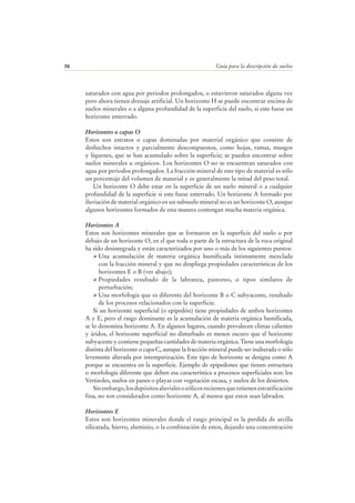 Guía para la descripción de suelos70
saturados con agua por periodos prolongados, o estuvieron saturados alguna vez
pero ahora tienen drenaje artificial. Un horizonte H se puede encontrar encima de
suelos minerales o a alguna profundidad de la superficie del suelo, si este fuese un
horizonte enterrado.
Horizontes o capas O
Estos son estratos o capas dominadas por material orgánico que consiste de
deshechos intactos y parcialmente descompuestos, como hojas, ramas, musgos
y líquenes, que se han acumulado sobre la superficie; se pueden encontrar sobre
suelos minerales u orgánicos. Los horizontes O no se encuentran saturados con
agua por periodos prolongados. La fracción mineral de este tipo de material es sólo
un porcentaje del volumen de material y es generalmente la mitad del peso total.
Un horizonte O debe estar en la superficie de un suelo mineral o a cualquier
profundidad de la superficie si este fuese enterrado. Un horizonte A formado por
iluviación de material orgánico en un subsuelo mineral no es un horizonte O, aunque
algunos horizontes formados de esta manera contengan mucha materia orgánica.
Horizontes A
Estos son horizontes minerales que se formaron en la superficie del suelo o por
debajo de un horizonte O, en el que toda o parte de la estructura de la roca original
ha sido desintegrada y están caracterizados por uno o más de los siguientes puntos:
Una acumulación de materia orgánica humificada íntimamente mezclada
con la fracción mineral y que no despliega propiedades características de los
horizontes E o B (ver abajo);
Propiedades resultado de la labranza, pastoreo, o tipos similares de
perturbación;
Una morfología que es diferente del horizonte B o C subyacente, resultado
de los procesos relacionados con la superficie.
Si un horizonte superficial (o epipedón) tiene propiedades de ambos horizontes
A y E, pero el rasgo dominante es la acumulación de materia orgánica humificada,
se lo denomina horizonte A. En algunos lugares, cuando prevalecen climas calientes
y áridos, el horizonte superficial no disturbado es menos oscuro que el horizonte
subyacente y contiene pequeñas cantidades de materia orgánica. Tiene una morfología
distinta del horizonte o capa C, aunque la fracción mineral puede ser inalterada o sólo
levemente alterada por intemperización. Este tipo de horizonte se designa como A
porque se encuentra en la superficie. Ejemplo de epipedones que tienen estructura
o morfología diferente que deben esa característica a procesos superficiales son: los
Vertisoles, suelos en panes o playas con vegetación escasa, y suelos de los desiertos.
Sinembargo,losdepósitosaluvialesoeólicosrecientesqueretienenestratificación
fina, no son considerados como horizonte A, al menos que estos sean labrados.
Horizontes E
Estos son horizontes minerales donde el rasgo principal es la perdida de arcilla
silicatada, hierro, aluminio, o la combinación de estos, dejando una concentración
 