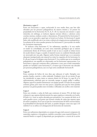 Guía para la descripción de suelos72
Horizontes o capas C
Estos son horizontes o capas, excluyendo la roca madre dura, que han sido
afectados por los procesos pedogenéticos de manera mínima y no poseen las
propiedades de los horizontes H, O, A, E o B. La mayoría son estratos o capas
minerales; sin embargo, se incluyen algunos estratos silicios y calcáreos como
conchas marinas, residuos corales y diatomáceos. El material de los horizontes C
puede o no ser parecido a aquel que se formó en el solum. Un horizonte C puede
haber sido modificado aún si no existe evidencia de ningún proceso pedogenético.
Las plantas de las raíces pueden penetrar los horizontes C, proveyendo un medio
de crecimiento importante.
Se incluyen como horizontes C, los sedimentos, saprofita y la roca madre
en estado no consolidado, así como otros materiales geológicos que se saturan
comúnmente dentro de 24 horas cuando el aire se seca o cuando se sitúan trozos
de secado dentro el agua y cuando el material rocoso en condición húmeda puede
ser atravesado por una pala. Algunos suelos forman material que ya se encuentra
altamente intemperizado; este material no reúne los requisitos de los horizontes A,
E o B, por lo que se lo designa como horizonte C. Los cambios que no se consideran
pedogenéticos, son aquellos no relacionado con los horizontes suprayacentes. Los
horizontes o capas que contienen sílice, carbonatos o yeso, aun si están cementados
pueden ser incluidos como horizontes C, al menos que el horizonte este afectado
por procesos pedogenéticos; caso en el que sería considerado horizonte B.
Capas R
Estos consisten de lechos de roca dura que subyacen al suelo. Ejemplos son:
granito, basalto, cuarcita y caliza endurada. Cualquier trozo de un estrato R que
sea introducido en agua, nunca se saturara dentro de 24 horas. La capa R es lo
suficientemente coherente para ser excavada, aunque se puede mellar o astillars.
Algunas capas R se pueden desmenuzar con equipo pesado. El lecho de roca puede
contener grietas, pero estas son muy pocas y pequeñas para que las raíces puedan
penetrar. Las grietas pueden estar revestidas o rellenadas con arcilla u otro material.
Capas I
Estos son cristales y cuñas de hielo que contienen al menos 75% de hielo (por
volumen) y que separan distintivamente las capas orgánicas o minerales en el suelo.
El hielo va y viene en suelos afectados por permafrost. Los cuerpos de hielo en el
suelo pueden crecer a tal punto que forman cristales de cuñas que separan capas
de suelos completas. En el caso en que las concentraciones de hielo ocurran dentro
la profundidad de descripción del suelo, se pueden designar como una capa I. El
símbolo I no se utiliza en la designación de horizontes de transición.
Capas L
Estos son sedimentos depositados en cuerpos de agua (sub-acuoso) compuesto de
materiales orgánicos e inorgánicos, también conocidos como material límnico. El
material límnico es aquel: (i) depositado por precipitación o a través de la acción
 