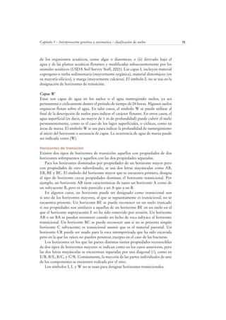 Capítulo 5 – Interpretación genética y sistemática – clasificación de suelos 73
de los organismos acuáticos, como algas o diatomeas; o (ii) derivado bajo el
agua y de las plantas acuáticas flotantes y modificadas subsecuentemente por los
animales acuáticos (USDA Soil Survey Staff, 2003). Las capas L incluyen material
coprogeno o turba sedimentaria (mayormente orgánica), material diatomáceo (en
su mayoría silicico), y marga (mayormente calcárea). El símbolo L no se usa en la
designación de horizontes de transición.
Capas W
Estas son capas de agua en los suelos o el agua sumergiendo suelos, ya sea
permanente o cíclicamente dentro el periodo de tiempo de 24 horas. Algunos suelos
orgánicos flotan sobre el agua. En tales casos, el símbolo W se puede utilizar al
final de la descripción de suelos para indicar el carácter flotante. En otros casos, el
agua superficial (es decir, no mayor de 1 m de profundidad) puede cubrir el suelo
permanentemente, como es el caso de los lagos superficiales, o cíclicos, como en
áreas de marea. El símbolo W se usa para indicar la profundidad de sumergimiento
al inicio del horizonte o secuencia de capas. La ocurrencia de agua de marea puede
ser indicada como (W).
Horizontes de transición
Existen dos tipos de horizontes de transición: aquellos con propiedades de dos
horizontes sobrepuestos y aquellos con las dos propiedades separadas.
Para los horizontes dominados por propiedades de un horizonte mayor pero
con propiedades de otro subordinado, se usa dos letras mayúsculas como AB,
EB, BE y BC. El símbolo del horizonte mayor que se encuentra primero, designa
el tipo de horizonte cuyas propiedades dominan el horizonte transicional. Por
ejemplo, un horizonte AB tiene características de tanto un horizonte A como de
un subyacente B, pero es más parecido a un A que a un B.
En algunos casos, un horizonte puede ser designado como transicional aun
si uno de los horizontes mayores, al que se supuestamente es transicional, no se
encuentra presente. Un horizonte BE se puede reconocer en un suelo truncado
si sus propiedades son similares a aquellas de un horizonte BE en un suelo en el
que el horizonte suprayacente E no ha sido removido por erosión. Un horizonte
AB o un BA se pueden reconocer cuando un lecho de roca subyace al horizonte
transicional. Un horizonte BC se puede reconocer aun si no se presenta ningún
horizonte C subyacente; es transicional asumir que es el material parental. Un
horizonte CR puede ser usado para la roca intemperizada que ha sido excavada
pero en la que las raíces no pueden penetrar, excepto en el caso de las fracturas.
Los horizontes en los que las partes distintas tienen propiedades reconocibles
de dos tipos de horizontes mayores se indican como en los casos anteriores, pero
las dos letras mayúsculas se encuentran separadas por una diagonal (/), como en
E/B, B/E, B/C, y C/R. Comúnmente, la mayoría de las partes individuales de uno
de los componentes se encuentre rodeada por el otro.
Los símbolos I, L y W no se usan para designar horizontes transicionales.
 