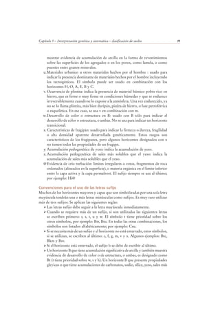 Capítulo 5 – Interpretación genética y sistemática – clasificación de suelos 77
mostrar evidencia de acumulación de arcilla en la forma de revestimientos
sobre las superficies de los agregados o en los poros, como lamela, o como
puentes entre granos minerales.
u.Materiales urbanico u otros materiales hechos por el hombre : usado para
indicar la presencia dominante de materiales hechos por el hombre incluyendo
los tecnogénicos. El símbolo puede ser usado en combinación con los
horizontes H, O, A, E, B y C.
v. Ocurrencia de plintita: indica la presencia de material húmico pobre rico en
hierro, que es firme o muy firme en condiciones húmedas y que se endurece
irreversiblemente cuando se lo expone a la atmósfera. Una vez endurecido, ya
no se lo llama plintita, más bien duripán, piedra de hierro, o fase petroférrica
o esquelética. En ese caso, se usa v en combinación con m.
w.Desarrollo de color o estructura en B: usado con B sólo para indicar el
desarrollo de color o estructura, o ambas. No se usa para indicar un horizonte
transicional.
x.Características de fragipan: usado para indicar la firmeza o dureza, fragilidad
o alta densidad aparente desarrollada genéticamente. Estos rasgos son
característicos de los fragipanes, pero algunos horizontes designados con x
no tienen todas las propiedades de un fragipn.
y. Acumulación pedogenética de yeso: indica la acumulación de yeso.
z. Acumulación pedogenética de sales más solubles que el yeso: indica la
acumulación de sales más solubles que el yeso.
@Evidencia de crío turbación: limites irregulares o rotos, fragmentos de roca
ordenados (alineados en la superficie), o materia orgánica en el limite inferior
entre la capa activa y la capa permafrost. El sufijo siempre se usa al último;
por ejemplo: Hi@
Convenciones para el uso de las letras sufijo
Muchos de los horizontes mayores y capas que son simbolizadas por una sola letra
mayúscula tendrán una o más letras minúsculas como sufijos. Es muy raro utilizar
más de tres sufijos. Se aplican las siguientes reglas:
Las letras sufijo debe seguir a la letra mayúscula inmediatamente.
Cuando se requiere más de un sufijo, si son utilizadas las siguientes letras
se escriben primero: r, s, t, u y w. El símbolo t tiene prioridad sobre los
otros símbolos;, por ejemplo: Btr, Btu. En todas las otras combinaciones, los
símbolos son listados alfabéticamente; por ejemplo: Cru.
Si se necesita más de un sufijo y el horizonte no está enterrado, estos símbolos,
si se utilizan, se escriben al último: c, f, g, m, v y x. Algunos ejemplos: Btc,
Bkm y Bsv.
Si el horizonte está enterrado, el sufijo b se debe de escribir al último.
UnhorizonteBquetieneacumulaciónsignificativadearcillaytambiénmuestra
evidencia de desarrollo de color o de estructura, o ambas, es designado como
Bt (t tiene prioridad sobre w, s y h). Un horizonte B que presente propiedades
gleyicas o que tiene acumulaciones de carbonatos, sodio, sílice, yeso, sales más
 